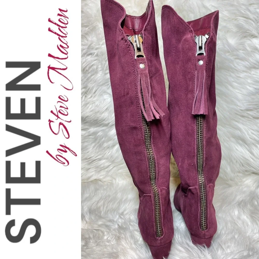 Steven‎ by Steve Madden Larken Burgundy Wine Suede Tall Wedge Boots Boho 7